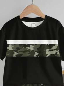 SHEIN Leap Crew 2pcs/Set Boys Casual Camouflage Printed Crew Neck Short Sleeve T-Shirt And Shorts Set, Summer - Multicolor - View 4