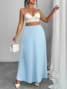 SHEIN Clasi Chân váy chữ A Maxi thanh lịch màu trơn cỡ lớn, phù hợp cho mùa xuân và mùa hè - Màu xanh nhạt - Xem 6