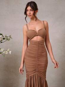 L'Amorae 女士优雅纯色褶皱吊带裙，婚礼宾客礼服 - 粉色 - 查看 5
