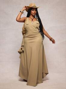 Slaydiva فستان ربيع/صيف 2025 للنساء الأنيق للذهاب للجامعة والشارع وحفلات الموسيقى وأعياد الميلاد، مناسب للتخرج والارتداء اليومي والتنسيق مع أي إطلالة، لون أرضي مكعب بخصر مناسب وذيل غير متماثل متجعد بمقاسات كبيرة