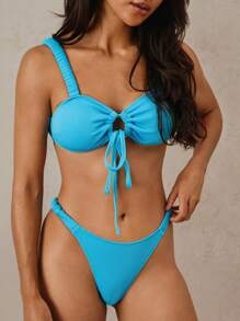 Swim Mod Set de 2 piezas de bikini casual de vacaciones para mujer con tirantes gruesos, anillos redondos, moño y espalda descubierta, con abertura, para la playa - Celeste - Ver 4