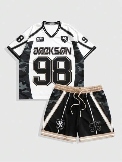 Street Life Ensemble t-shirt et short camouflage patchwork pour homme, tenue d'été décontractée