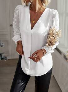 SHEIN Tall Plus Size Women V-Neck Pom Pom Chiffon Long Sleeve Blouse Fall Cloth For Women, Tall Women - White - View 4
