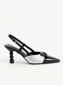CUCCOO CHICEST Women's New Geometric Buckle Square Toe Patchwork Pointed Toe Artistic Asymmetric Heel Elegant Commute Chic High Heels, Black White Color Block Synthetic Leather & Patent Leather, Pumps For Dating Party Work - Silver - View 8