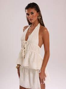 SHEIN BAE 女士夏季性感波西米亚海滩度假演唱会服装外出露背领结纹理提花上衣，女士夏季服装，女士性感俱乐部服装，狂欢上衣 - 杏色 - 查看 7