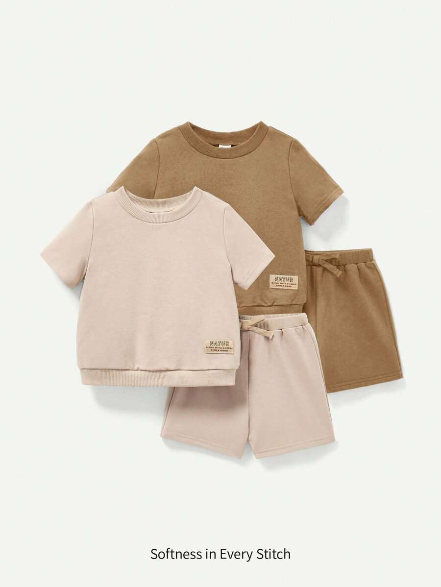 Cozy Pixies 4pcs Set Baby Boy Solid Color Decoration Woven Label Round Neck Short Sleeve Pullover Top And Shorts - Multicolor - View 1