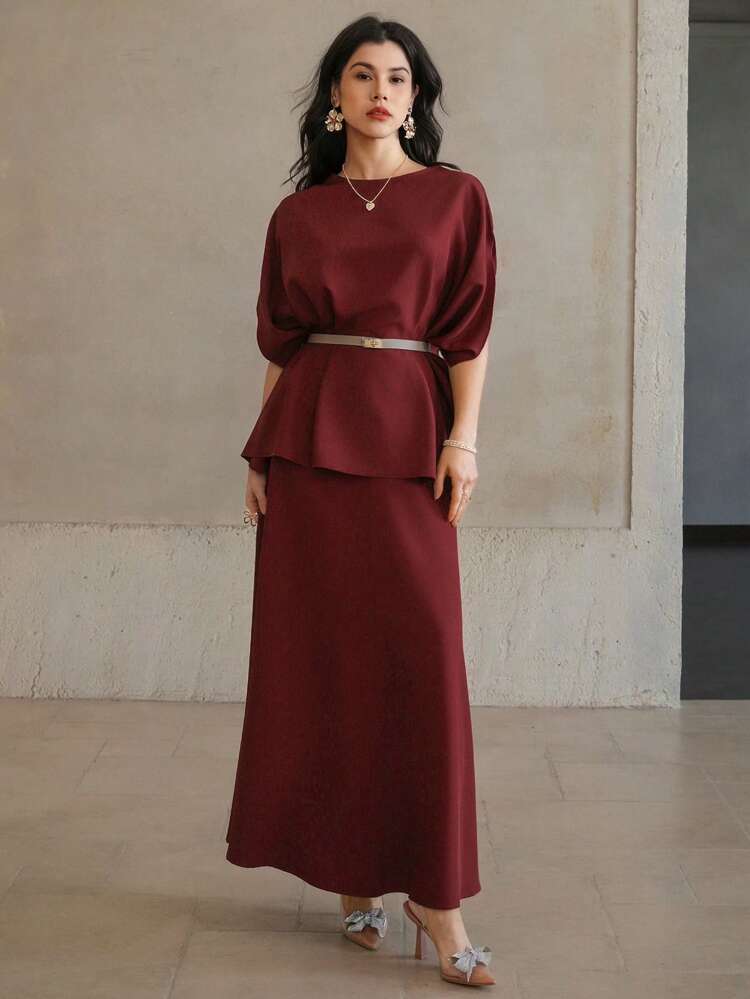 Women's 2pcs Set Shirt & Skirt Outfit, Summer, Tie Waist Decor, Solid Color Round Neck, Middle Eastern Elegant Style, For Outdoor, Concert, Ladies Summer Clothing