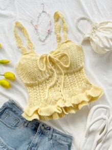 Soleia Vacation Sexy Comfy Spaghetti Strap Tied Ruffle Hem Knit Cami Tank Top - Mustard Yellow - View 4