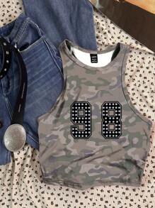 Attitoon 休闲简约街头风格复古橄榄绿迷彩图案仿铆钉数字 98 图形圆领紧身女式吊带背心，适合夏季、复古、休闲度假、性感、可爱、Y2K、椰子女孩、波西米亚风、音乐节 - 彩色 - 查看 3