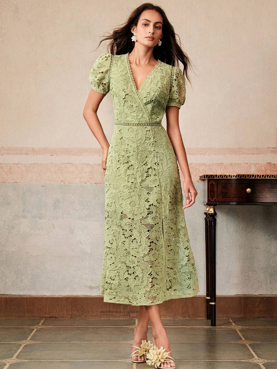 Anewsta Elaire 法式优雅厚重蕾丝边泡泡袖 V 领连衣裙，适合夏季、节日、休闲、度假、假日、海滩、约会之夜 - 綠色 - 查看 1