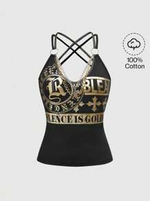 ROMWE Grunge Punk Top à encolure bateaux avec décoration de chaîne métallique et impression de slogan en feuille métallique style Y2K Shibuya Gyaru