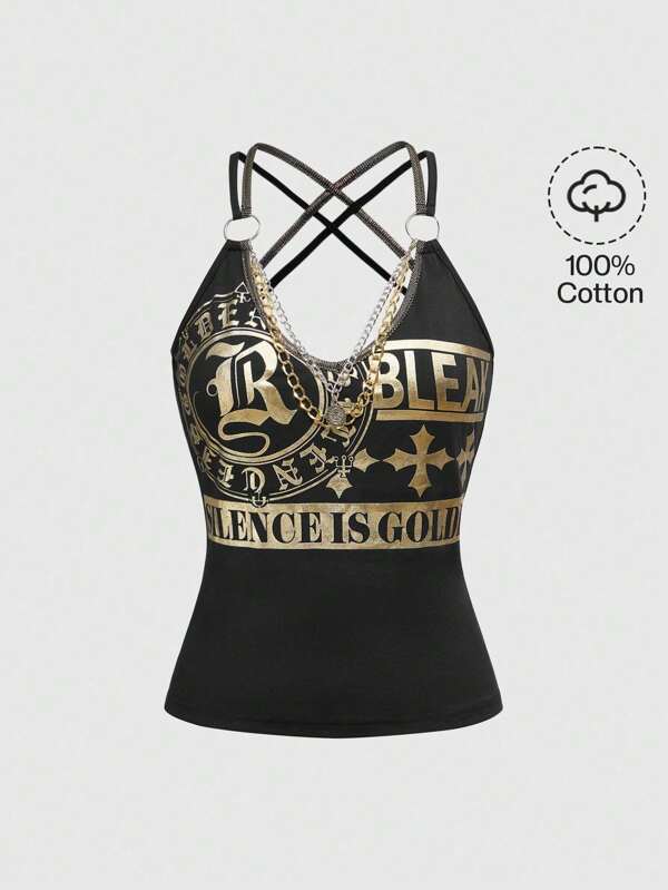 ROMWE Grunge Punk Y2K Shibuya Gyaru Slogan Foil Print Metal Chain Decor Halter Neck Top