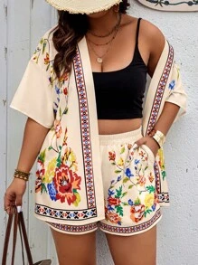 SHEIN LUNE 2pcs/Set Plus Size Random Floral Print Short Sleeve Shirt & Shorts Set, Fashionable For Summer - Multicolor - View 4