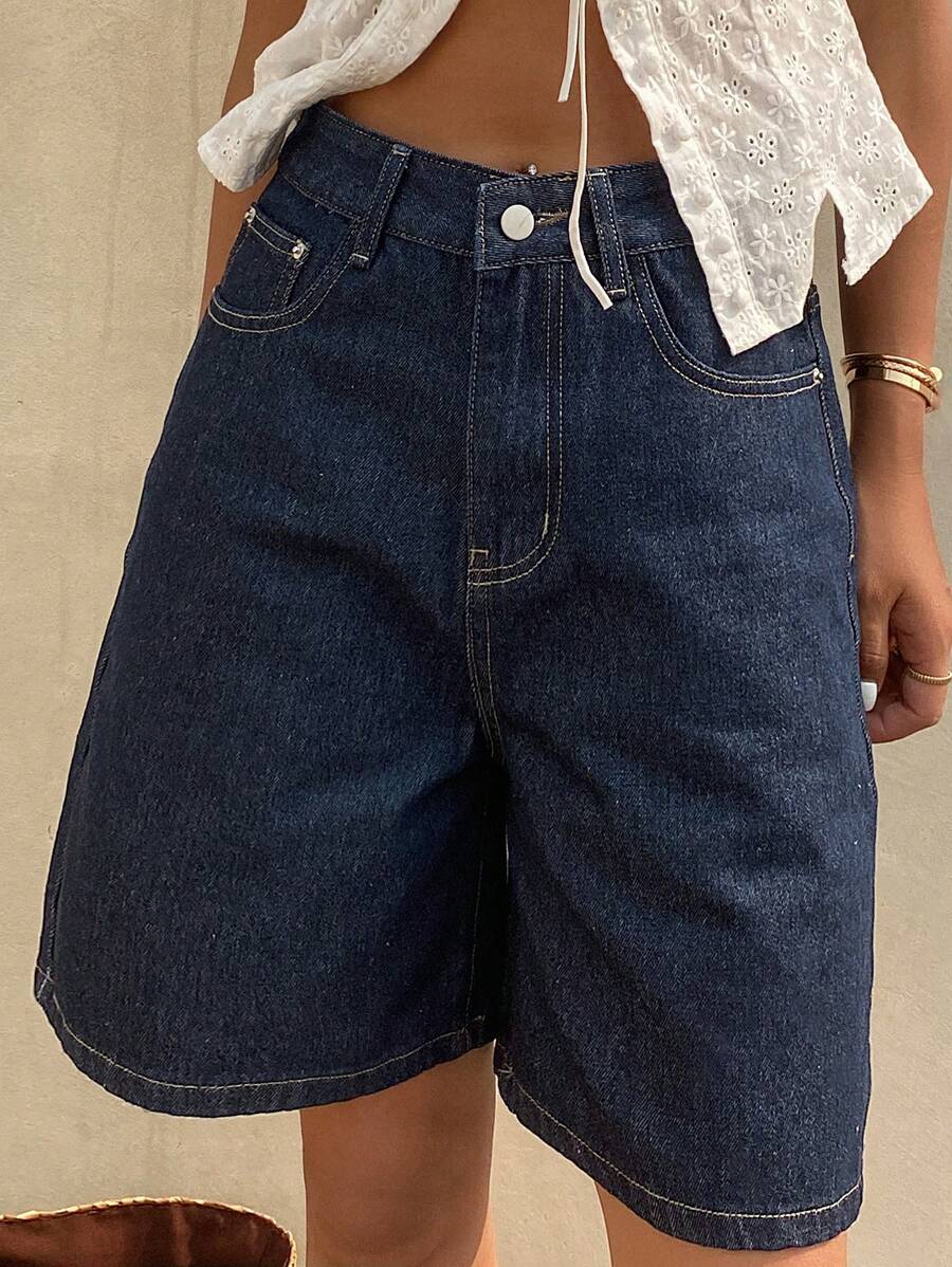 Livesso 女士宽松休闲牛仔短裤，夏季音乐节风格 - 藍色 - 查看 1