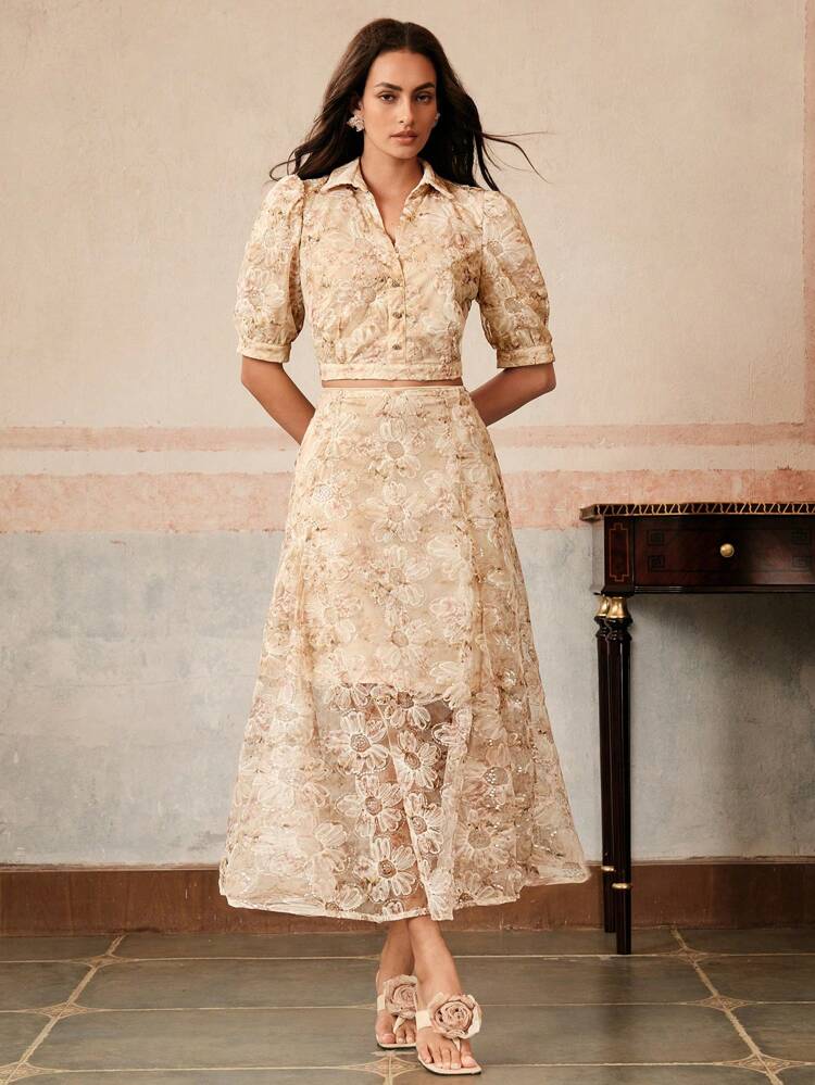 女性用エレガントなVネック ビーズ フローラルアップリケ パフスリーブTシャツトップ&スカート 2点セット、春夏、フェスティバル、バケーション、卒業式、クラシック、エレガントに適しています