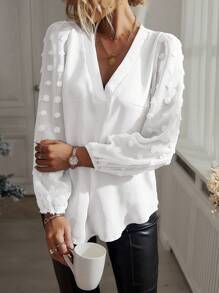 SHEIN Tall Plus Size Women V-Neck Pom Pom Chiffon Long Sleeve Blouse Fall Cloth For Women, Tall Women - White - View 5