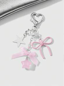 ROMWE Kawaii Bộ 2 món/Bộ thời trang nữ tính dây chuyền bạc ren nơ ngôi sao phụ kiện túi + nơ acrylic rỗng ngọc trai giả nhựa ngôi sao trái tim móc khóa tự làm, phong cách Hàn Quốc dễ thương dành cho phụ nữ, thích hợp để đeo hàng ngày và làm quà tặng ngày lễ - Hồng - Xem 6