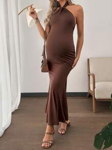 SHEIN Pregnant Women Solid Color Fish Tail Hem Fitted Elegant Halter Neck Dress Maternity Dress