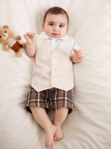 SHEIN 2pcs/Set Newborn Baby Boy White Collar Short Sleeve Patchwork Apricot Button-Front Mock Shirt Top Paired With Checkered Shorts Set, 0-3 Months, Soft Cotton Fabric, Gentleman Academy Minimalist Style, Suitable For Party, Photo Shoot, Casual Outings - Multicolor - View 3