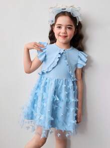 2pcs Set: Young Girls Knit Solid Top With Ruffled Hem & Woven Floral Mesh Overlay Dress - Blue - View 3