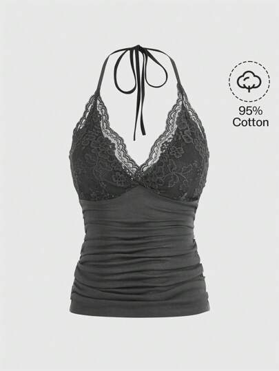 Top halter pizzo a contrasto