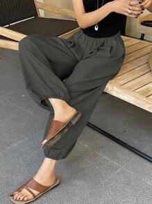 DAZY Women's Loose Solid Color Lantern Leg Cropped Pants Casual Holiday Trousers, Summer