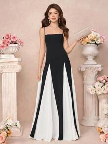 Pitira Pitira Teens Girls' Black & White Contrast Color Block Vintage Elegant Dress, Suitable For Wedding, Party, Graduation Season - Black and White - View 1