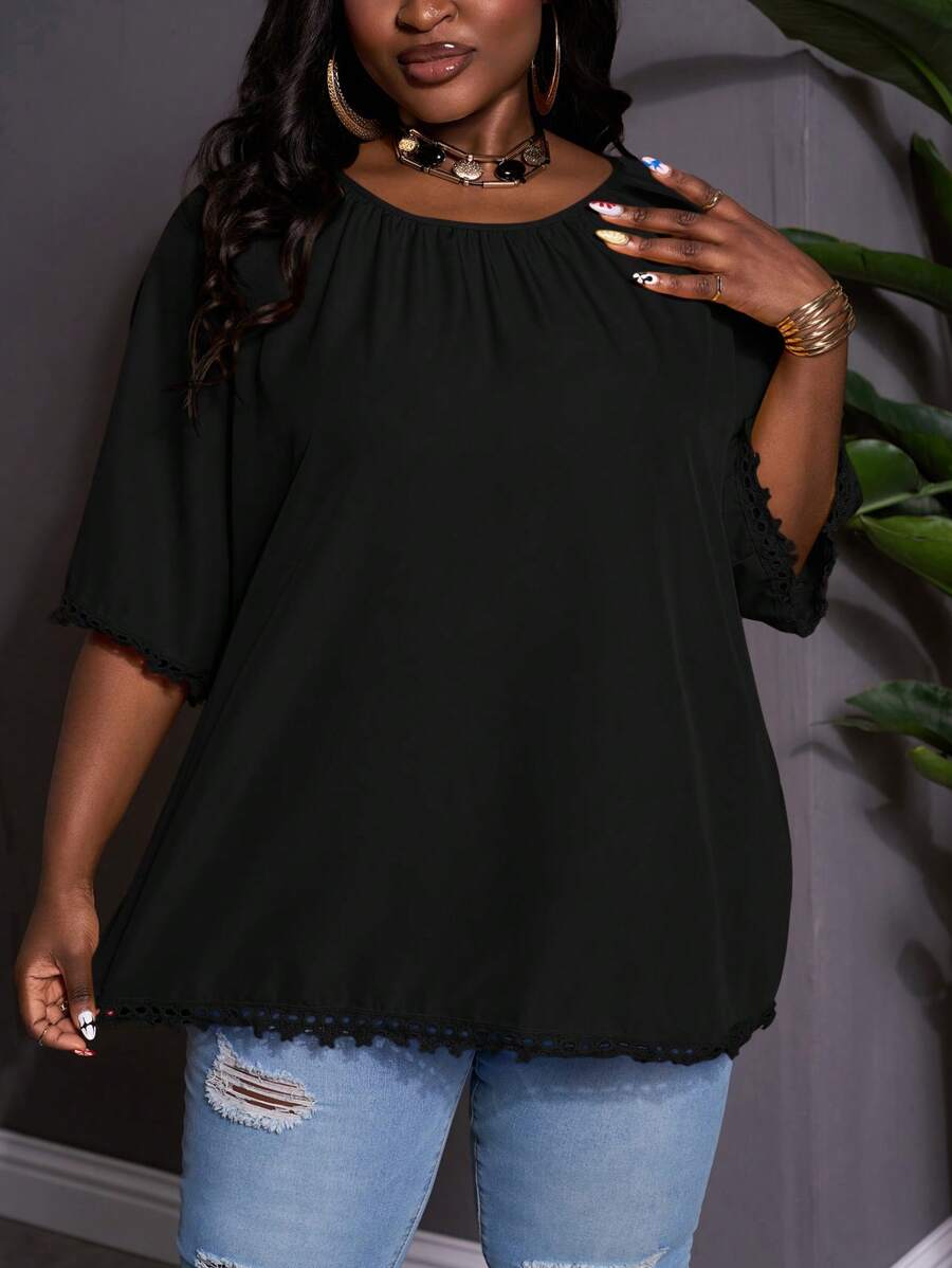 SHEIN CURVE+ Blusa de encaje y parches de talla grande para mujer, casual de verano, para la playa, vacaciones en la playa, esenciales de playa, graduación, fiesta del té - Negro - Ver 1