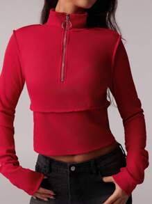 Forever 21 Women's Solid Color Stand Collar Half Zip-Up Fitted Long Sleeve Top - Red - View 4