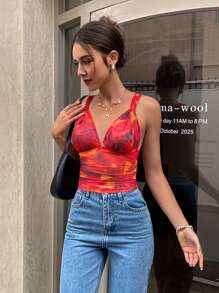 SHEIN Essnce Women's Red Semi-Sheer Knitted Casual Tank Top With Ruched Detail And Strap Neckline - Red - View 4