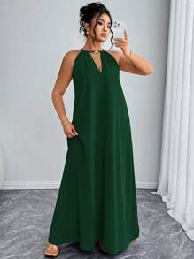 Elenzga Women's Fashion Elegant Solid Color Halter Neck Loose Plus Size Dress, Valentine's Red, New Year