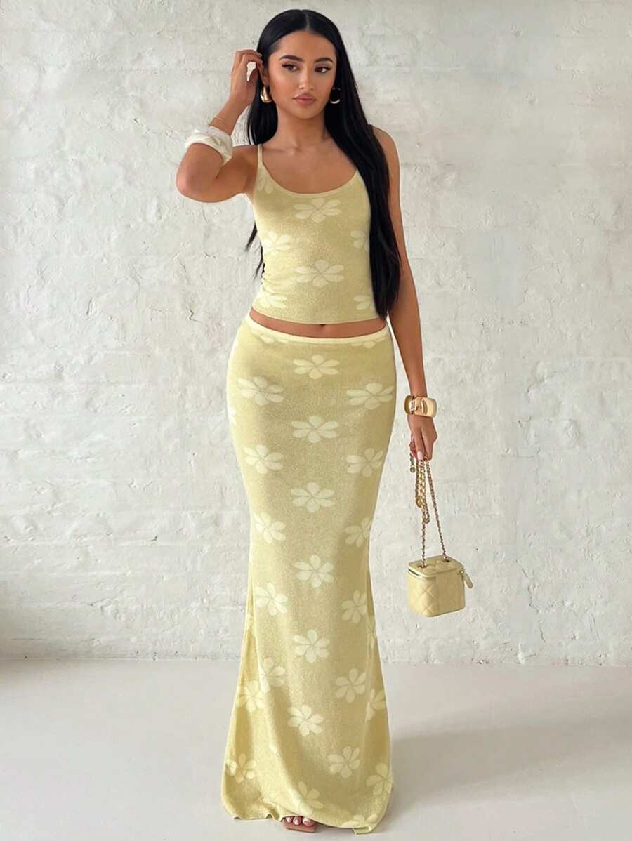 SHEIN BAE 女士花卉提花鱼尾下摆优雅针织裙 - 黃色 - 查看 1