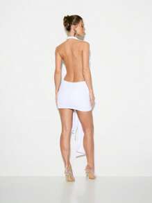 KIZN Plunge Neck Halter Mini Dress Backless Bodycon Party Dress With Draped Tie Front Detail Summer Evening Club Wear - White - View 2