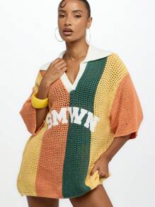 SUMWON WOMEN Oversized Crochet Knit Polo Top Summer Beach Cover Netted Mesh Poolside Resort Wear Sporty Streetwear Casual Weekend Slouchy Pull-Over,Tops For School - Multicolor - View 6