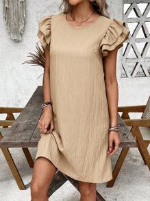 EMERY ROSE Women's Solid Color Ruffle Sleeve Round Neck Casual Loose Mid-Length Dress