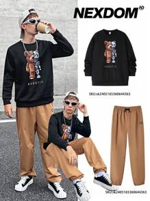 SHEIN 2pcs Teen Boys Casual Loose Comfortable Versatile Robot Bear Graphic Crew Neck Sweatshirt And Elastic Cuff Pants Set, Fleece, Thickened - Black - View 6