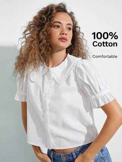 WESTFADE 100% Cotton Ruffle Collar Short Puff Sleeve Button Up Blouse Casual Cute Fall Top, Boho Clothes, Back To School, Autumn, Winter, Western Wear For Women