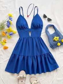 Soleia Vacation Casual V-Neck Sleeveless Backless Red Dress,Summer Dresses For Women - Royal Blue - View 3