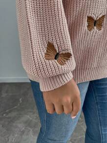 SHEIN Clasi 女士纯色针织蝴蝶结刺绣花朵长袖常规优雅套头毛衣，秋冬毛衣搭配蝴蝶结蝴蝶结毛衣优雅毛衣 - 粉色 - 查看 5