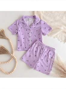 Loomiva Toddler Girls' 2Pcs Snug Fit Pajama Set - Cartoon Animal Print Knit Soft Round Neck Short Sleeve Top And Elastic Waist Shorts - Purple - View 1