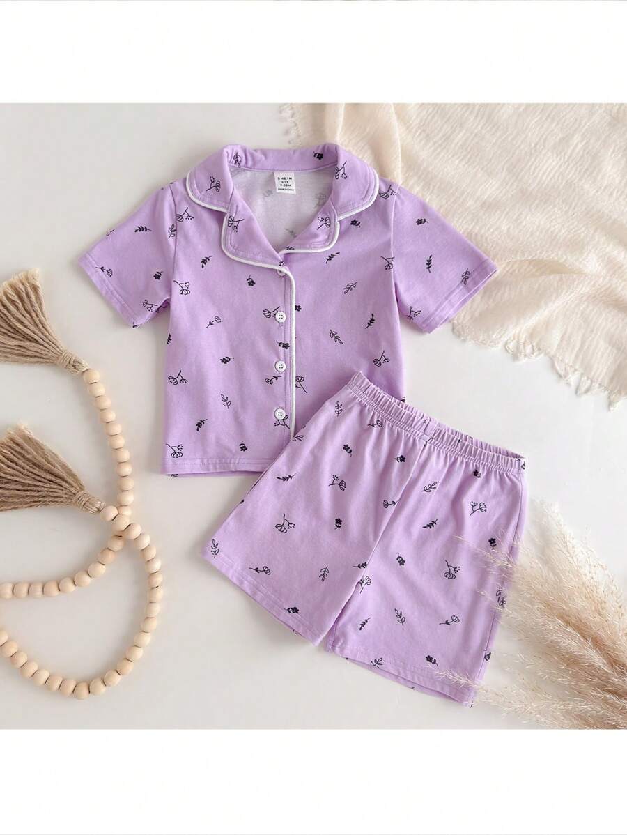 Loomiva Toddler Girls' 2Pcs Snug Fit Pajama Set - Cartoon Animal Print Knit Soft Round Neck Short Sleeve Top And Elastic Waist Shorts - Purple - View 1