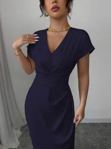 Selianne Vestido con cintura entallada y abertura, de unicolor y estilo elegante francés - Azul Marino - Ver 4