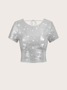 Glamine Áo Crop Top hở lưng mùa hè mới cho nữ - Bạc - Xem 7