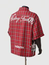 ROMWE MEN Street Life Men's Summer Short Sleeve Shirt, Unique Angel Child English Text Plaid Print Checkered Pattern Design