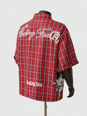 Street Life Camisa de manga corta de verano para hombre, diseño de patrón a cuadros con texto en inglés estampado "Angel Child" único