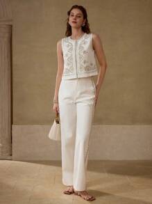 MOTF PREMIUM FLORAL EMBROIDERY BOXY SLEEVELESS JACKET - White - View 3