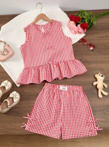2pcs/Set Teen Girls' Plaid Sleeveless Top And Shorts, Fashionable Summer Outfitholiday,Summer,Travel,Getaway - Red - View 1