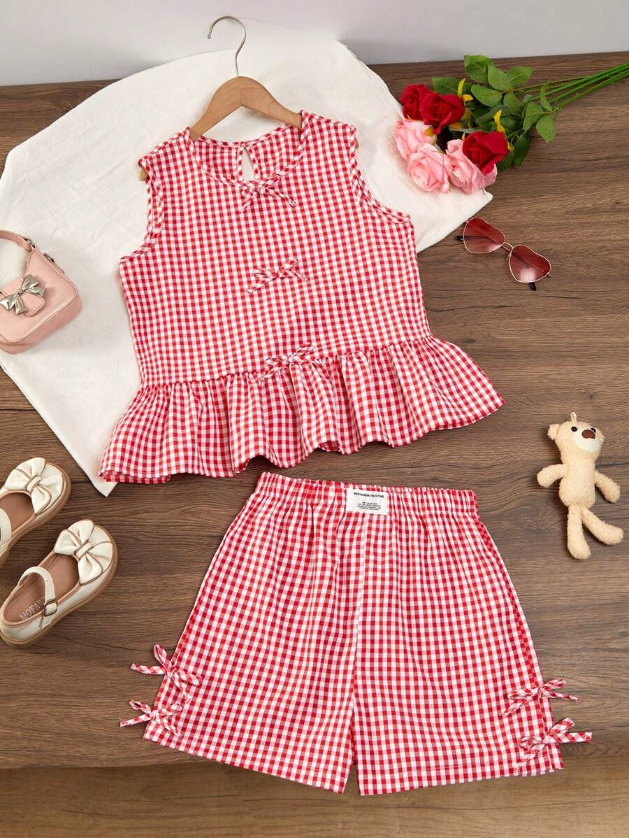 2pcs/Set Teen Girls' Plaid Sleeveless Top And Shorts, Fashionable Summer Outfitholiday,Summer,Travel,Getaway - Red - View 1