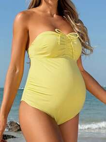 SHEIN Maternity Vacation Special Fabric Ruched Bandeau One-Piece Swimsuit For Summer