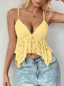 SHEIN Unity Damen-Camisole-Top mit asymmetrischem Saum und weißer Spitze, Sommer - Gelb - Übersicht 3